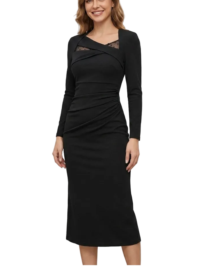 Timeless & Elegant Long Sleeve Slim Waist Versatile Black Dresses  - B4-DRESS-B396