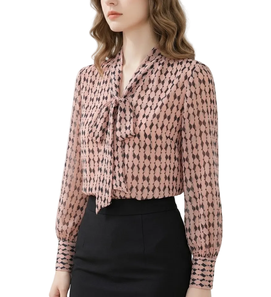 Timeless & Elegant Long Sleeve V-Neck with Bow Chiffon Blouses for Women  - B13-TOP-75