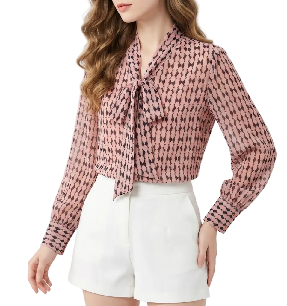 Timeless & Elegant Long Sleeve V-Neck with Bow Chiffon Blouses for Women  - B13-TOP-75