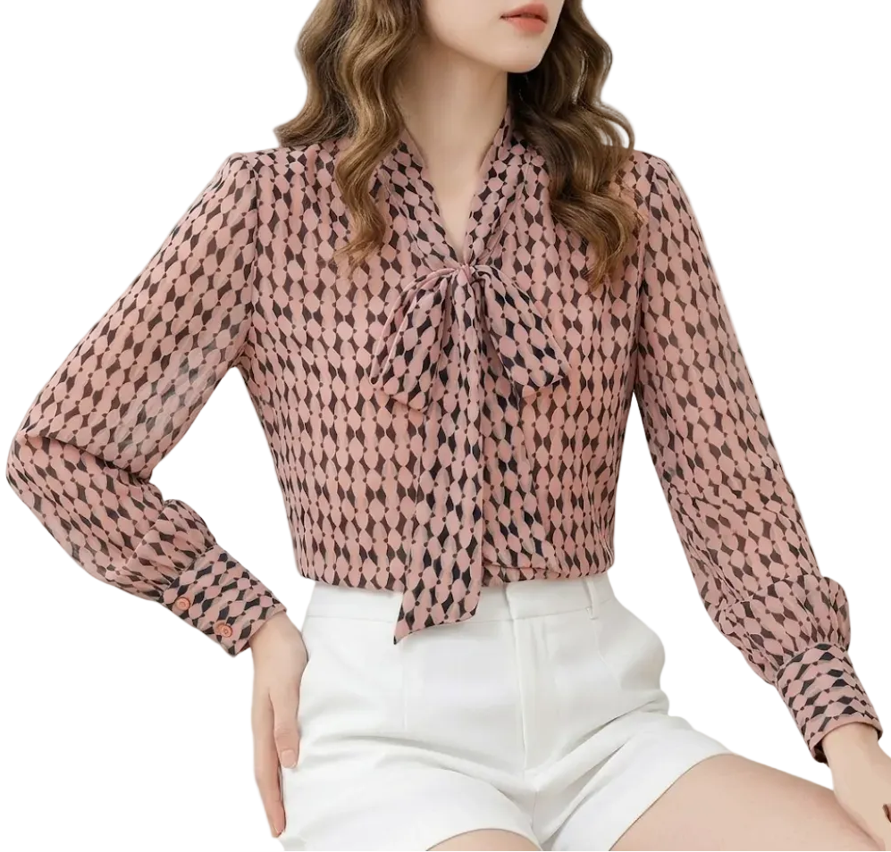Timeless & Elegant Long Sleeve V-Neck with Bow Chiffon Blouses for Women  - B13-TOP-75
