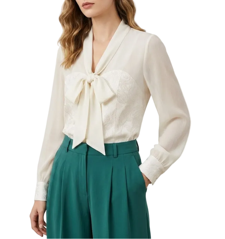 Timeless & Elegant  Long Sleeve V-neck Bow Wrinkeled Iren Free Pullover Blouse for Women  - B13-TOP-113