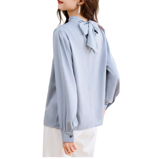 Timeless & Elegant  Long Sleeve Wrap V-neck Back Bow Satin Pullover Blouse for Women  - B13-TOP-110