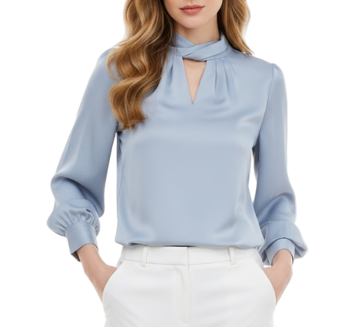 Timeless & Elegant  Long Sleeve Wrap V-neck Back Bow Satin Pullover Blouse for Women  - B13-TOP-110