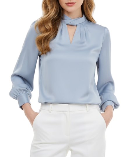 Timeless & Elegant  Long Sleeve Wrap V-neck Back Bow Satin Pullover Blouse for Women  - B13-TOP-110
