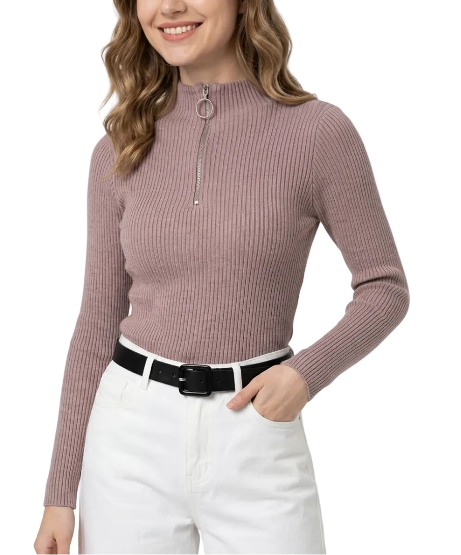 Timeless & Elegant Long Sleeve Zipper Neck Ribbed Blouses - B1-TOP-V194