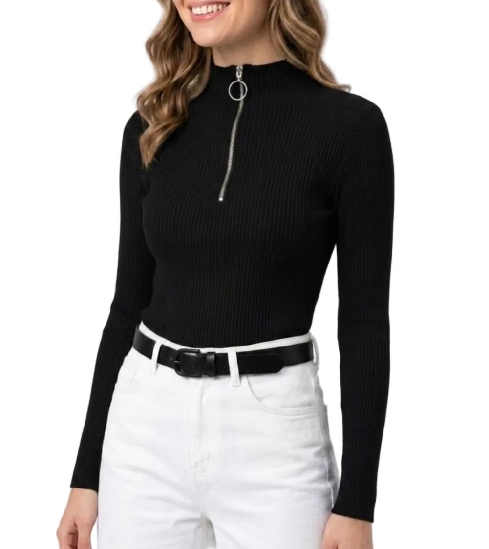 Timeless & Elegant Long Sleeve Zipper Neck Ribbed Blouses - B1-TOP-V194