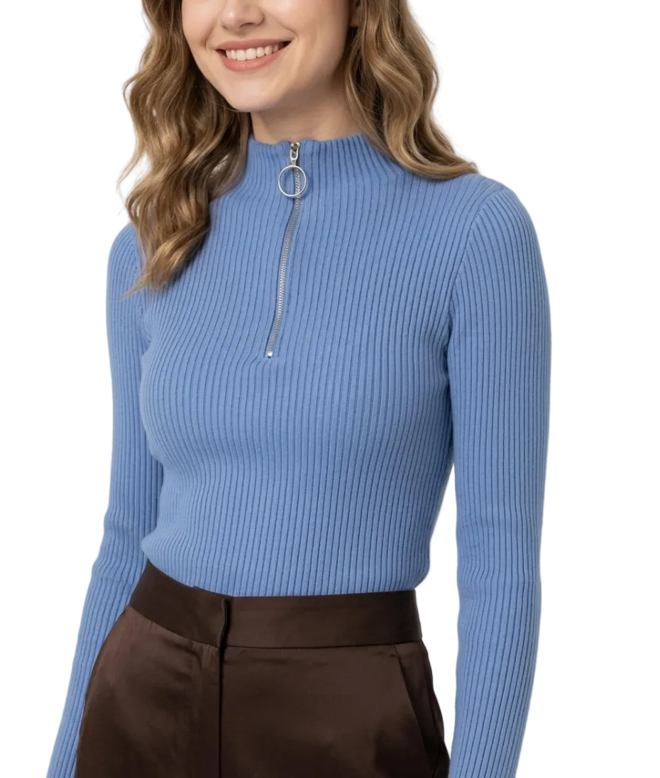 Timeless & Elegant Long Sleeve Zipper Neck Ribbed Blouses - B1-TOP-V194