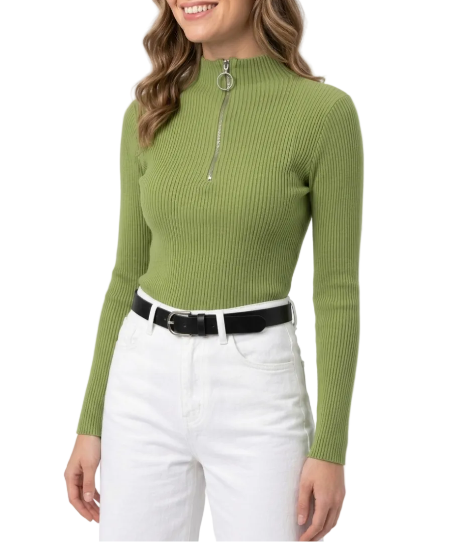 Timeless & Elegant Long Sleeve Zipper Neck Ribbed Blouses - B1-TOP-V194