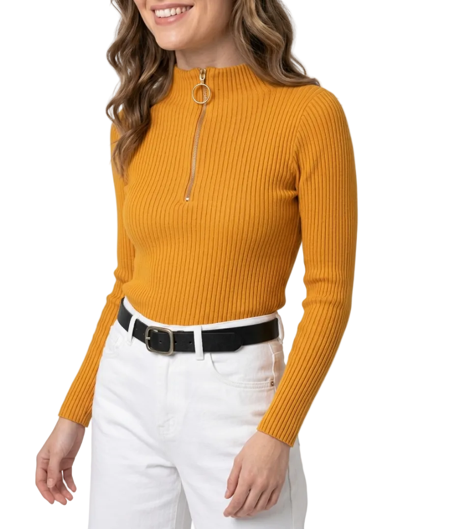 Timeless & Elegant Long Sleeve Zipper Neck Ribbed Blouses - B1-TOP-V194