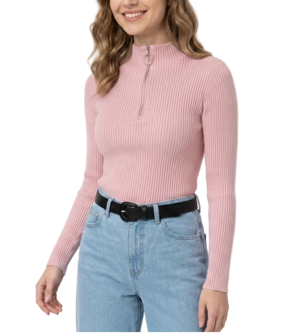 Timeless & Elegant Long Sleeve Zipper Neck Ribbed Blouses - B1-TOP-V194