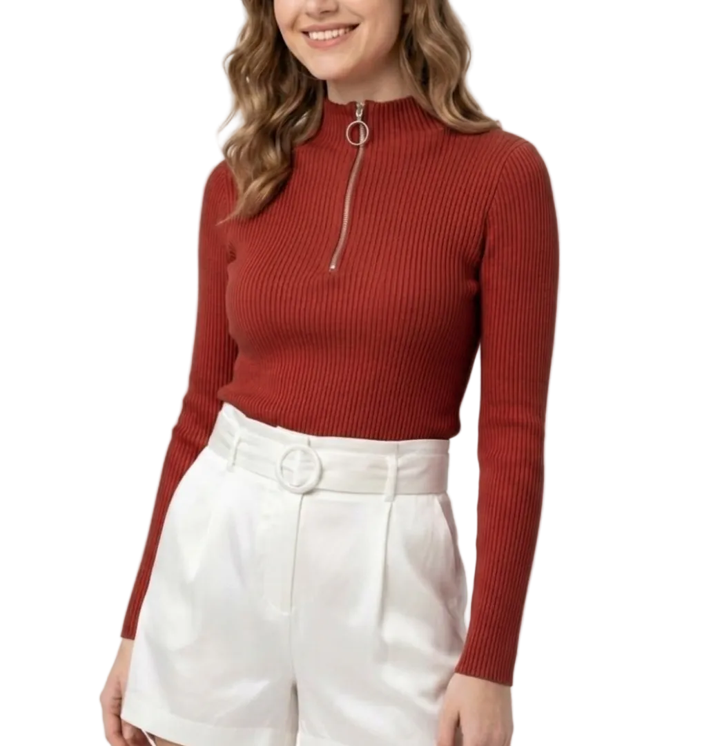 Timeless & Elegant Long Sleeve Zipper Neck Ribbed Blouses - B1-TOP-V194