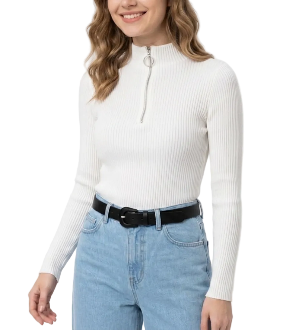 Timeless & Elegant Long Sleeve Zipper Neck Ribbed Blouses - B1-TOP-V194