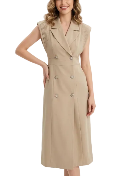 Timeless & Elegant Pleated Cap Sleeves Lapel Neck Dresses for Women - B4-DRESS-B347