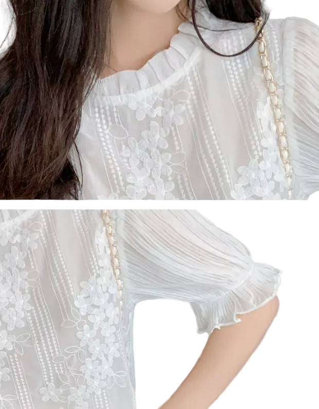 Timeless & Elegant Short Puff Sleeve Embroidered Blouses for Women  - B13-TOP-413