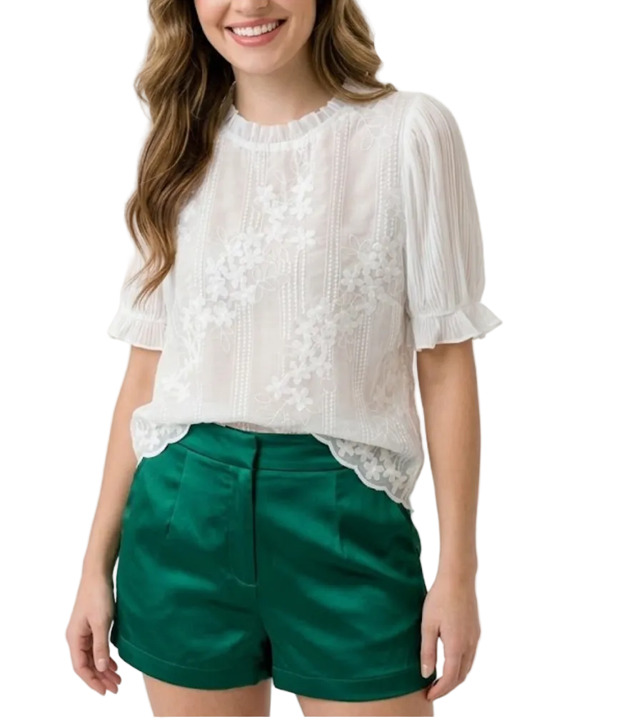 Timeless & Elegant Short Puff Sleeve Embroidered Blouses for Women  - B13-TOP-413