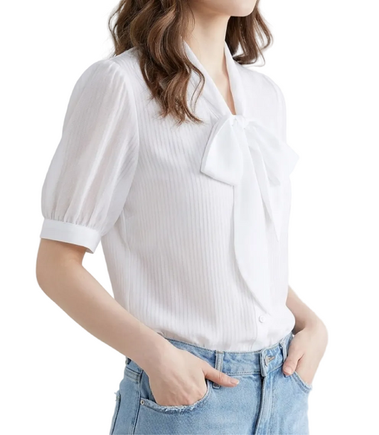 Timeless & Elegant Short Sleeve Bow Button Up Shirts for Women  - B13-TOP-350