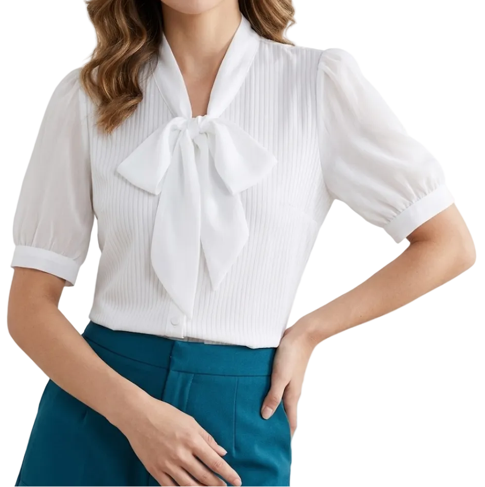 Timeless & Elegant Short Sleeve Bow Button Up Shirts for Women  - B13-TOP-350