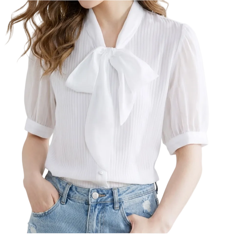 Timeless & Elegant Short Sleeve Bow Button Up Shirts for Women  - B13-TOP-350