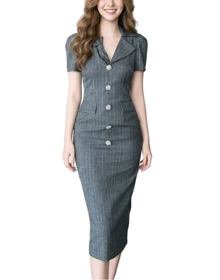 Timeless & Elegant Short Sleeve Lapel V-Neck Buttoned Professional & Versatile Dresses  - B4-DRESS-B365