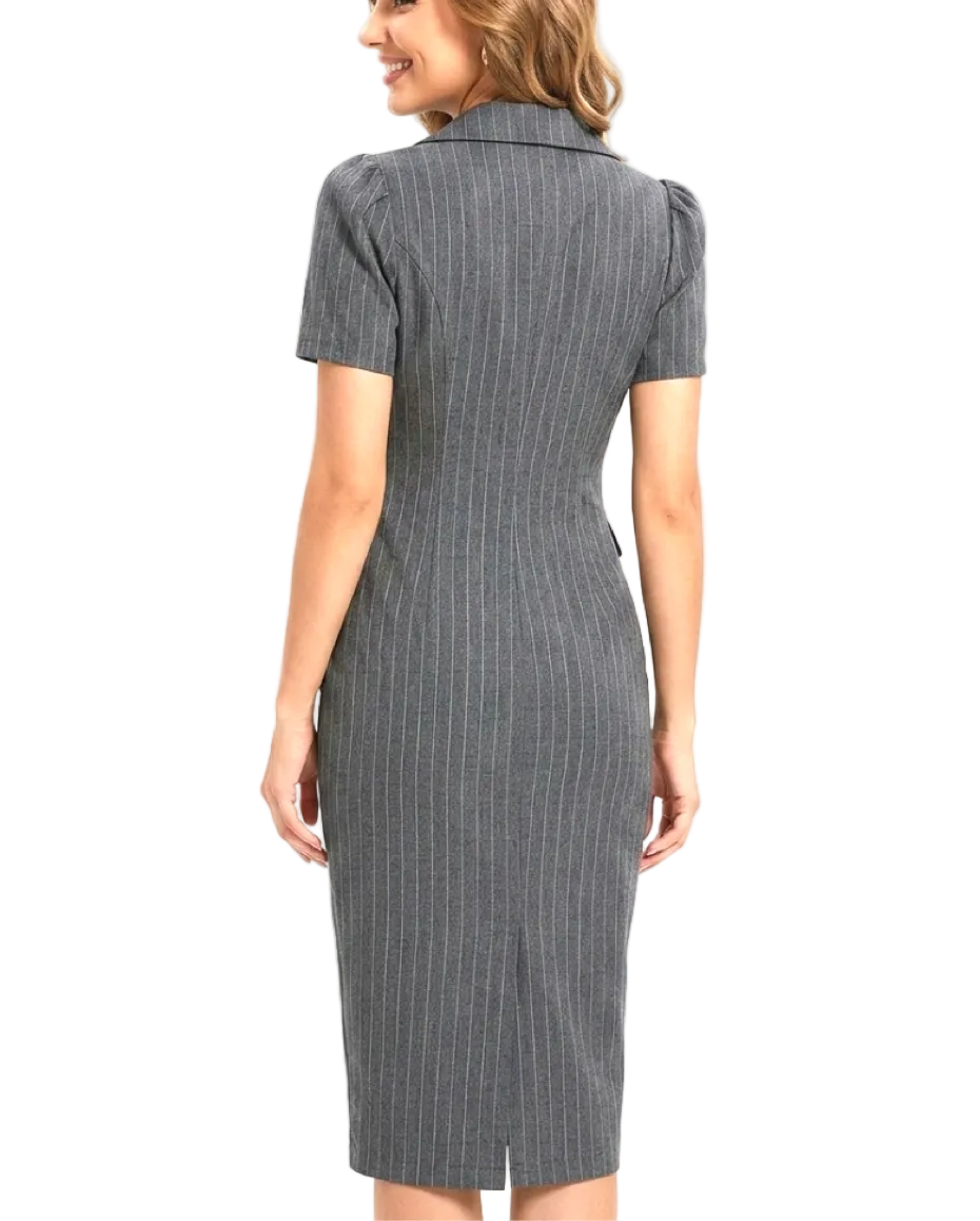 Timeless & Elegant Short Sleeve Lapel V-Neck Buttoned Professional & Versatile Dresses  - B4-DRESS-B365