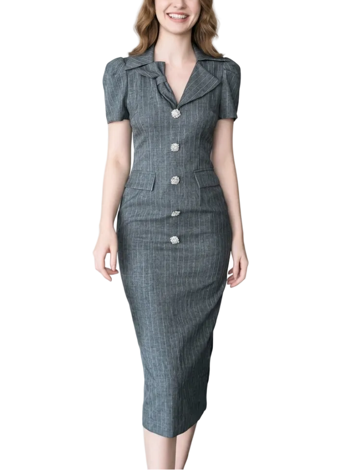 Timeless & Elegant Short Sleeve Lapel V-Neck Buttoned Professional & Versatile Dresses  - B4-DRESS-B365