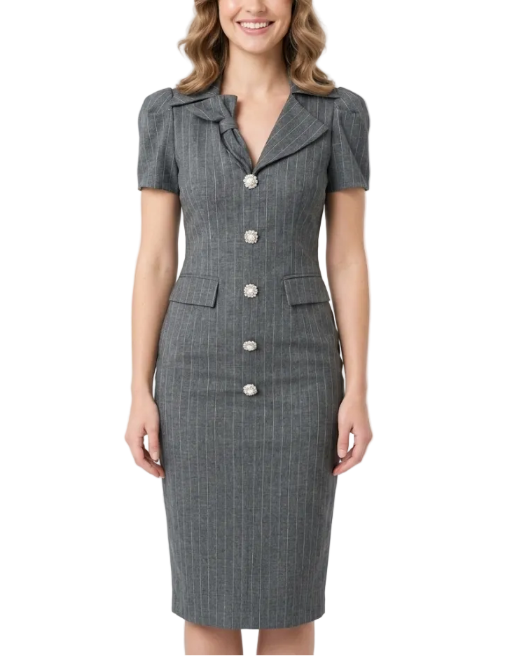 Timeless & Elegant Short Sleeve Lapel V-Neck Buttoned Professional & Versatile Dresses  - B4-DRESS-B365