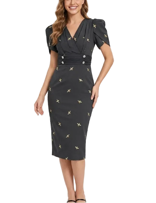 Timeless & Elegant Short Sleeve Pleated V-Neck Slim Waist Professional & Versatile Dresses  - B4-DRESS-B367