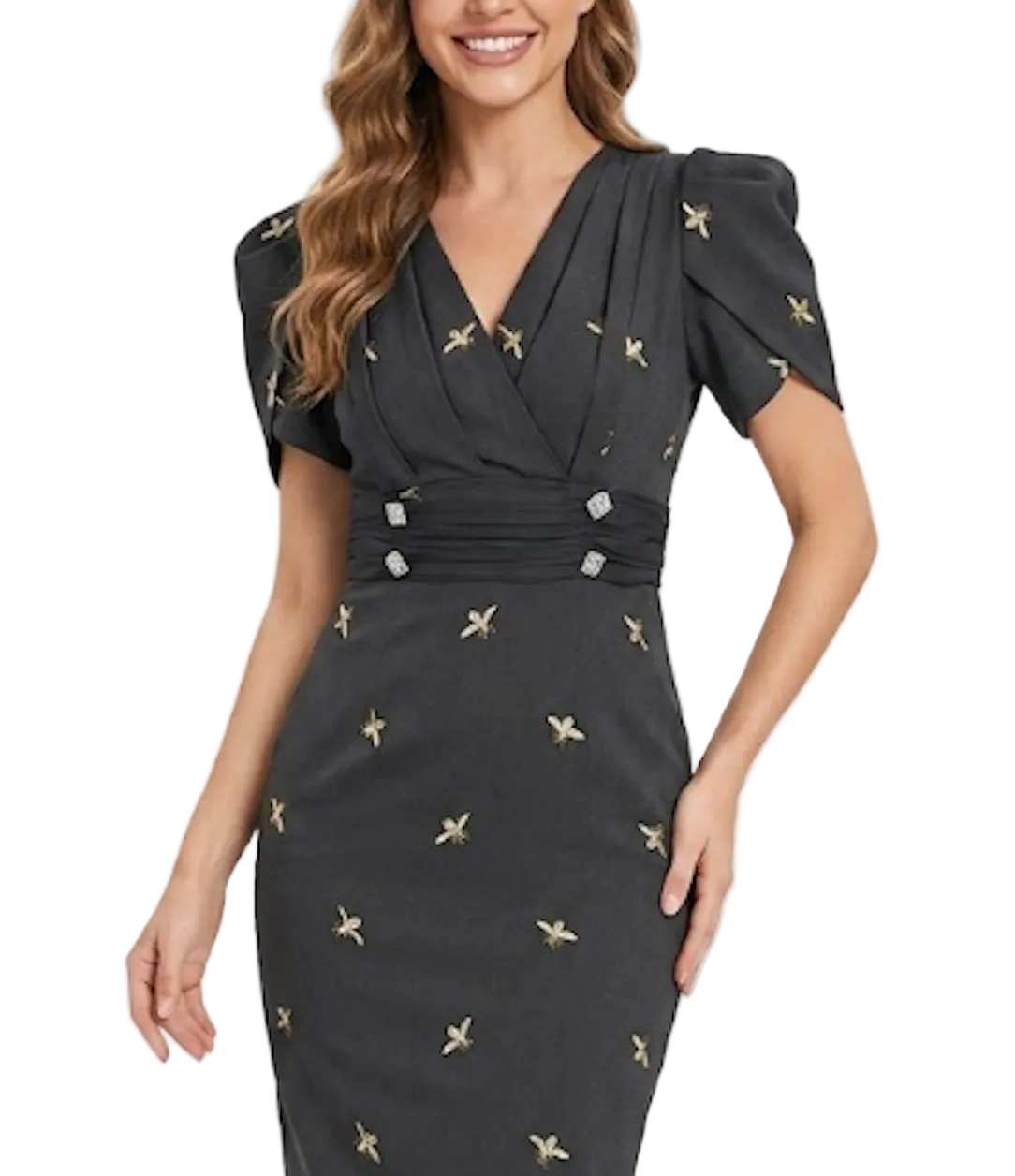 Timeless & Elegant Short Sleeve Pleated V-Neck Slim Waist Professional & Versatile Dresses  - B4-DRESS-B367