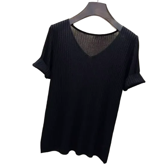 Timeless & Elegant Short Sleeve V-neck Stretchy Blouses for Women  - B13-TOP-419