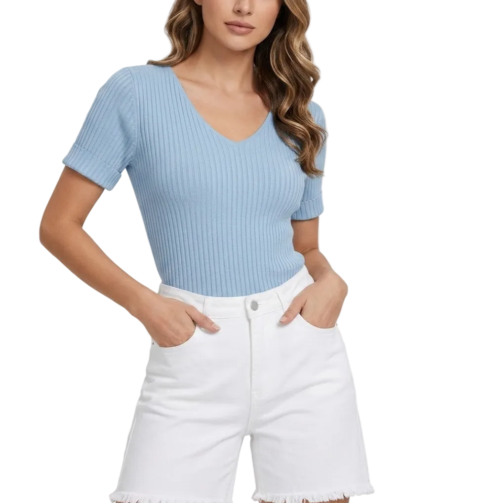 Timeless & Elegant Short Sleeve V-neck Stretchy Blouses for Women  - B13-TOP-419
