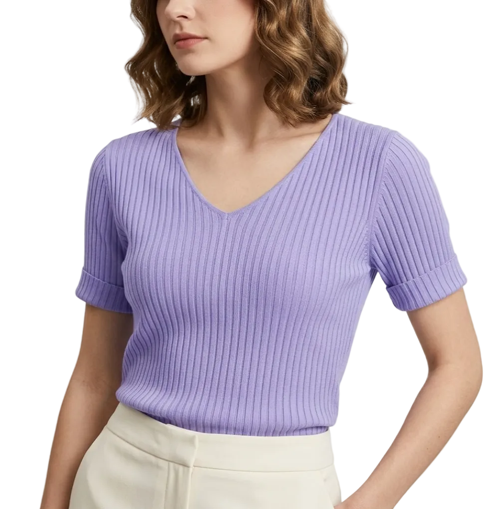 Timeless & Elegant Short Sleeve V-neck Stretchy Blouses for Women  - B13-TOP-419