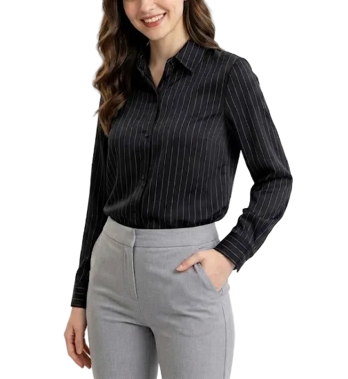 Timeless & Elegant Turn Down Collar Long Sleeve Stripped Satin Shirts for Women  - B13-TOP-99