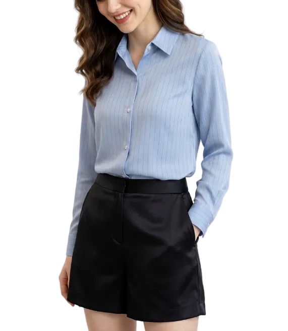 Timeless & Elegant Turn Down Collar Long Sleeve Stripped Satin Shirts for Women  - B13-TOP-99