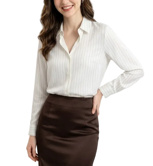Timeless & Elegant Turn Down Collar Long Sleeve Stripped Satin Shirts for Women  - B13-TOP-99