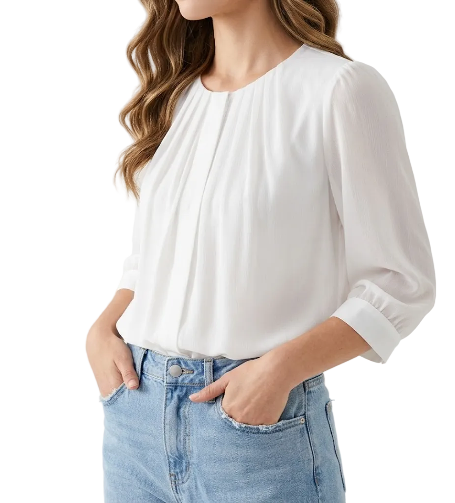 Timeless & Elegant White Chiffon Pleated Design Blouses for Women  - B13-TOP-403