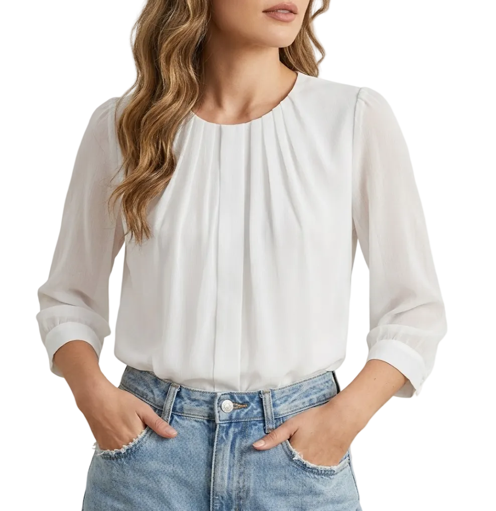Timeless & Elegant White Chiffon Pleated Design Blouses for Women  - B13-TOP-403
