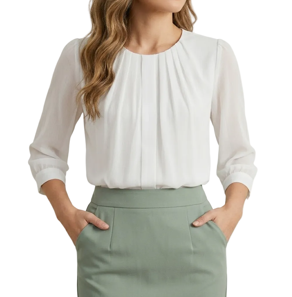 Timeless & Elegant White Chiffon Pleated Design Blouses for Women  - B13-TOP-403