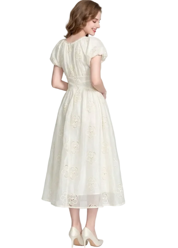 Timeless & Elegant White Color Puff Sleeve Embroidered a - Line Chiffon Dresses - B4-DRESS-B339