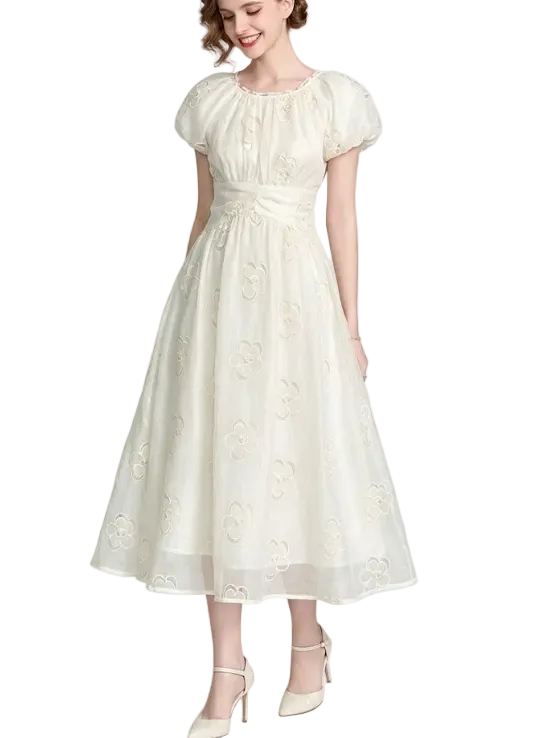 Timeless & Elegant White Color Puff Sleeve Embroidered a - Line Chiffon Dresses - B4-DRESS-B339
