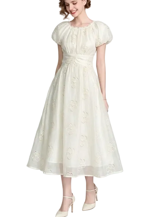 Timeless & Elegant White Color Puff Sleeve Embroidered a - Line Chiffon Dresses - B4-DRESS-B339
