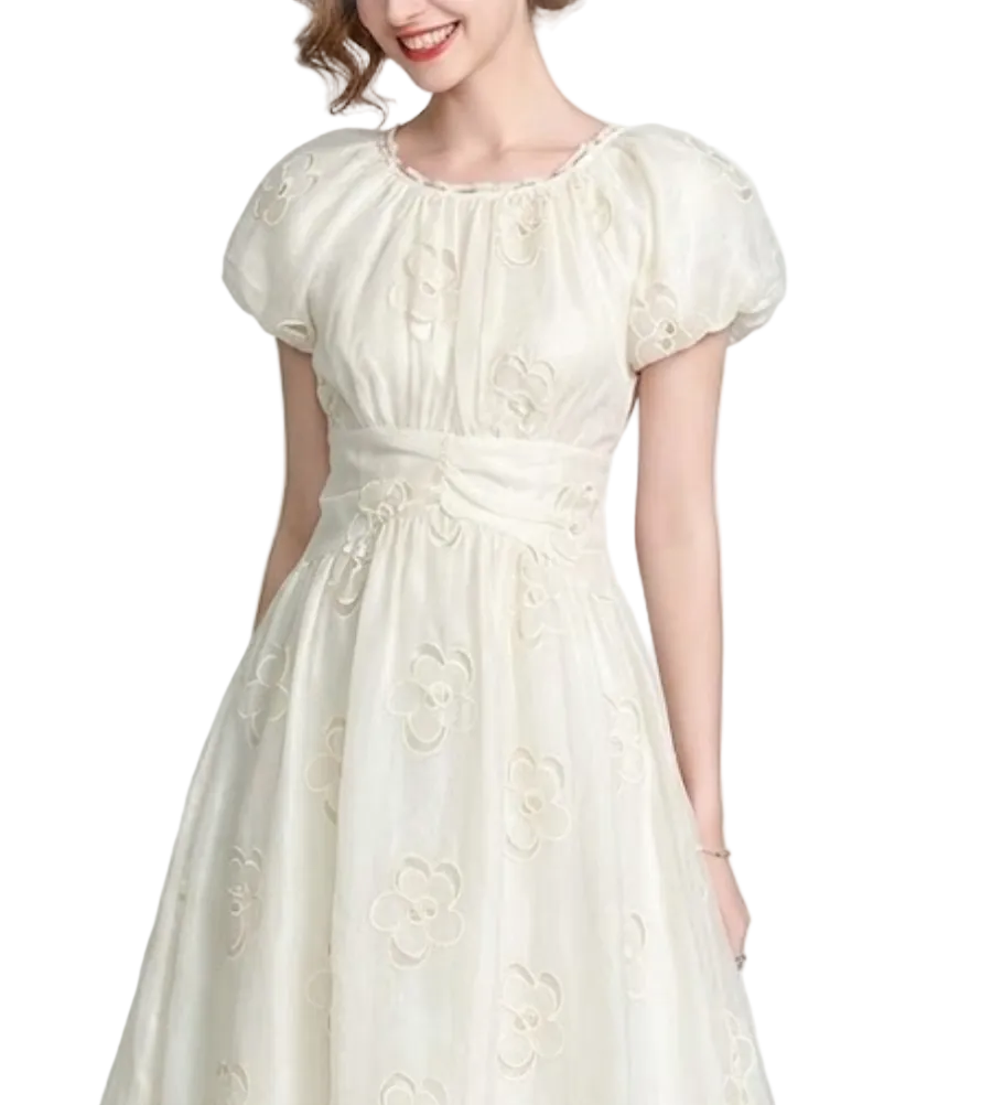 Timeless & Elegant White Color Puff Sleeve Embroidered a - Line Chiffon Dresses - B4-DRESS-B339