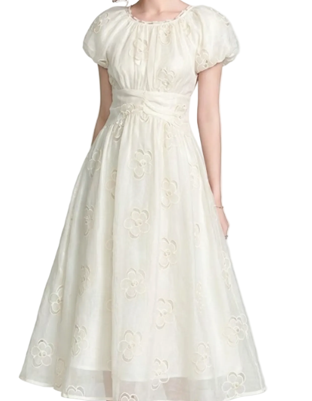 Timeless & Elegant White Color Puff Sleeve Embroidered a - Line Chiffon Dresses - B4-DRESS-B339