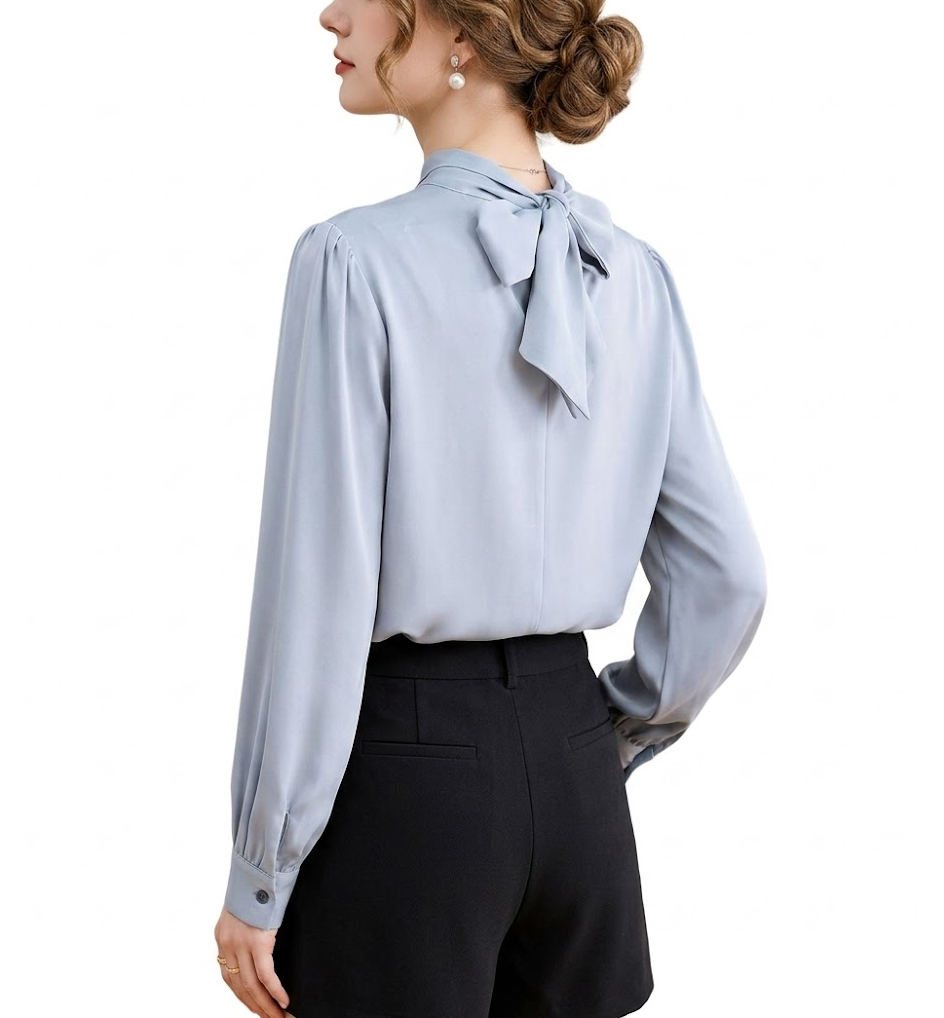Timeless & Elegant  Long Sleeve Wrap V-neck Back Bow Satin Pullover Blouse for Women  - B13-TOP-110