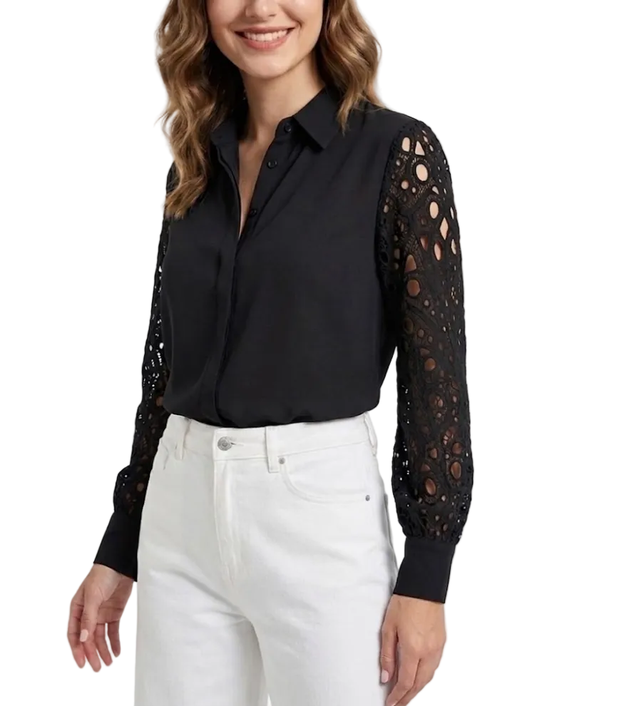Trendy Collar- Buttoned Women’s Shirt with Embroidered Sleeves –BL52