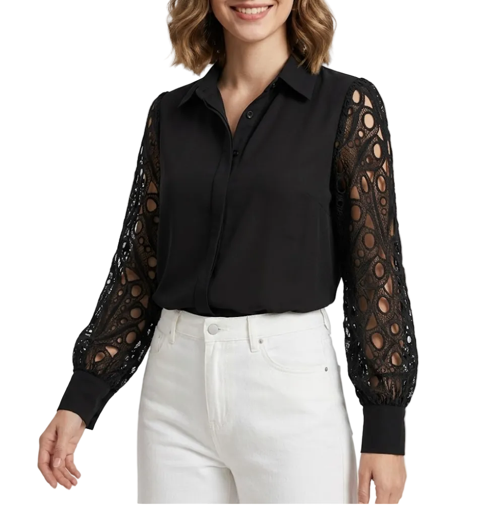 Trendy Collar- Buttoned Women’s Shirt with Embroidered Sleeves –BL52