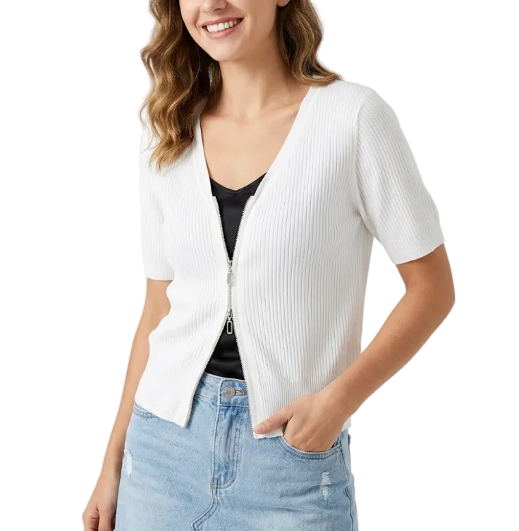 Trendy Double Zipper Short Sleeve Thin Ice Silk Women's Top Blouse  - B6-TOP-B611