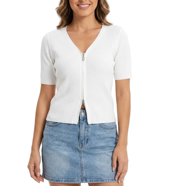 Trendy Double Zipper Short Sleeve Thin Ice Silk Women's Top Blouse  - B6-TOP-B611