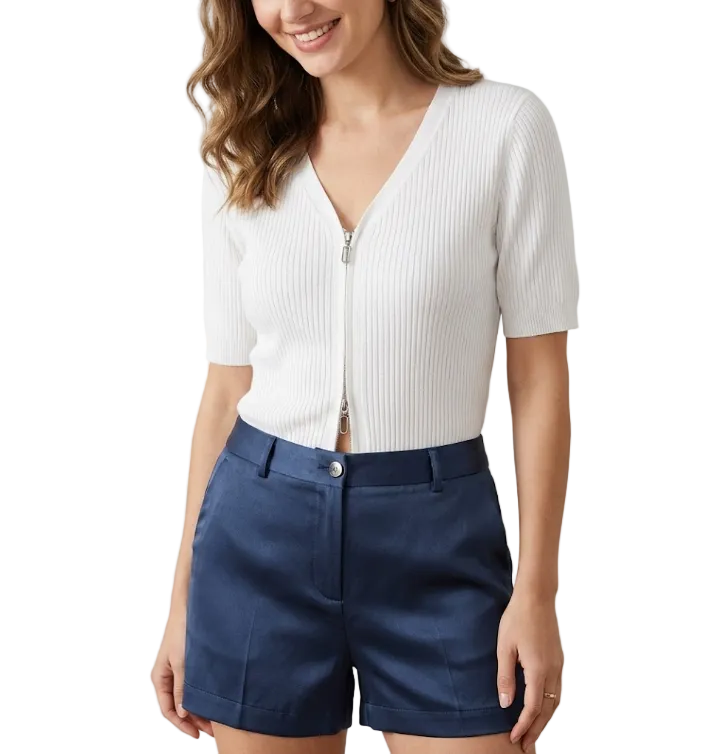 Trendy Double Zipper Short Sleeve Thin Ice Silk Women's Top Blouse  - B6-TOP-B611