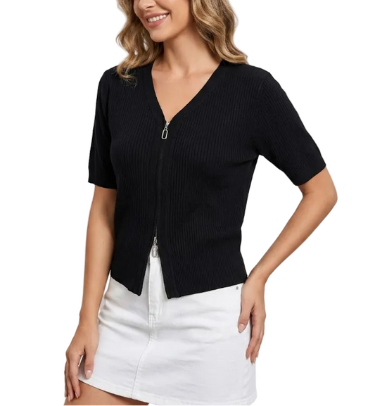 Trendy Double Zipper Short Sleeve Thin Ice Silk Women's Top Blouse  - B6-TOP-B611