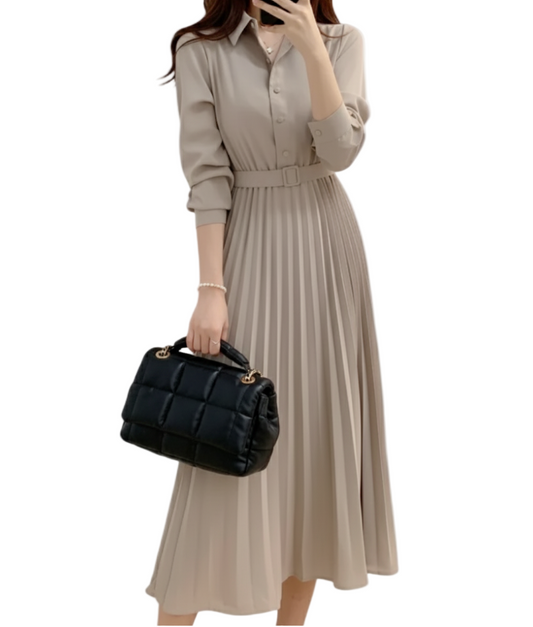 Trendy Lapel Collar Long Sleeve Knee Length DRESS-B106
